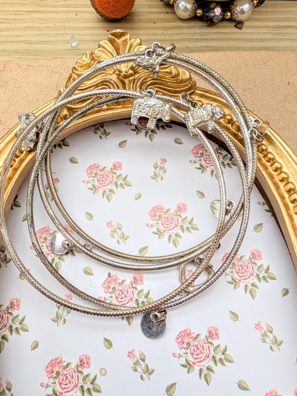 Vintage set of 4 India Bangle Bracelets with Elephant, Heart & Bird Charms